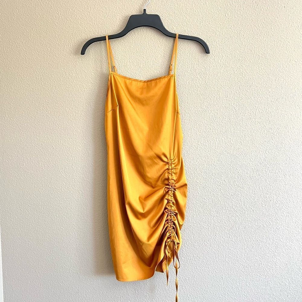 Guess Yellow Gold Satin Ruched Side Dress